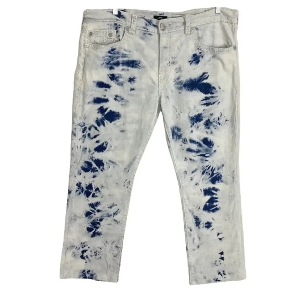 NWOT TRUE RELIGION Jean 44 Ricky Relaxed Hydro Blue Tie Dye Zip Denim